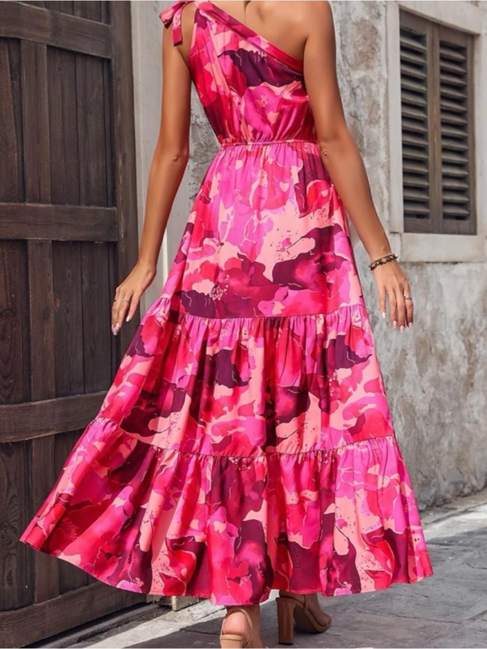 One-Shoulder Floral Tiered Midi Dress in Hot Pink - Picture 2 of 6